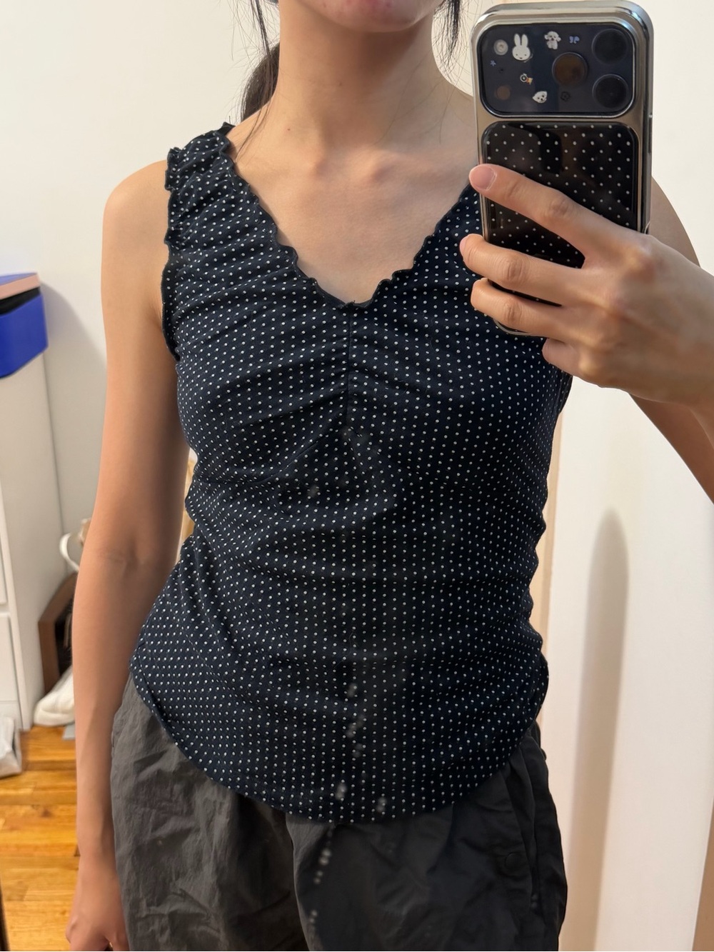 Brandy Melville Black Polka Dot V-Neck Ruffled Tank